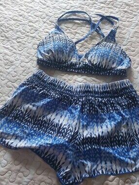 Athleta Swim - Both Pieces Blue Patterned Women's Tankini Top & Shorts Set